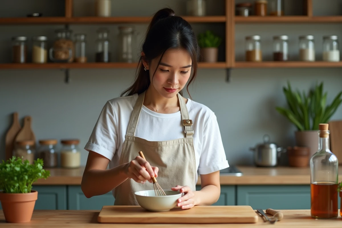 Jeune femme préparant une vinaigrette maison en fouettant des ingrédients sains dans un bol en céramique dans une cuisine moderne et chaleureuse