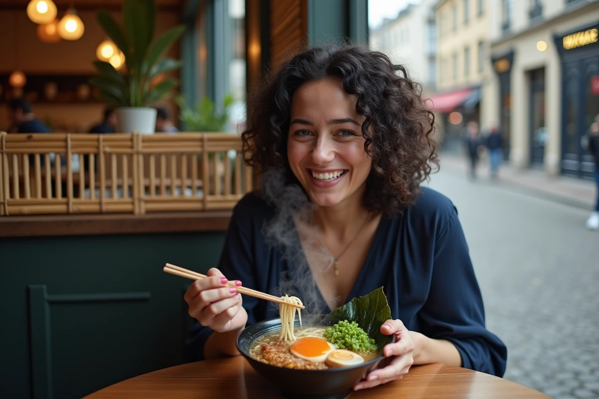 Jeune femme savourant un bol de ramen dans un restaurant japonais de Lille, assise près d'une fenêtre donnant sur une rue pavée de la vieille ville