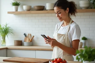 Femme cherchant une recette légère du soir sur son smartphone dans une cuisine moderne avec légumes frais sur le plan de travail