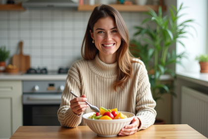 Femme souriante avec bol de salade de fruits frais