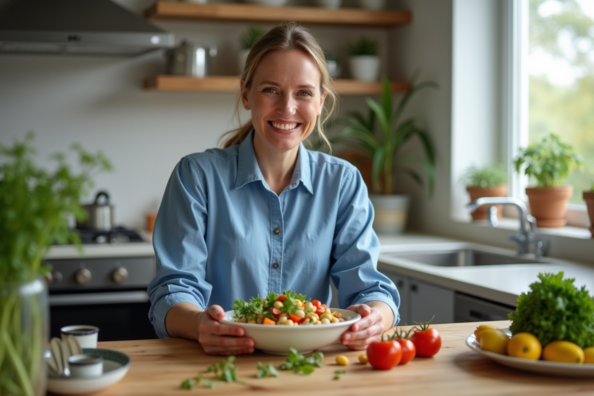 Femme souriante préparant une salade colorée à la maison
