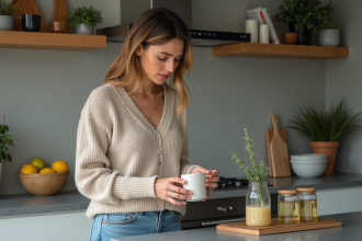 Femme choisissant une boisson dans une cuisine chaleureuse