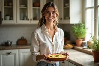 Femme souriante servant un gratin de zucchini dans une cuisine lumineuse