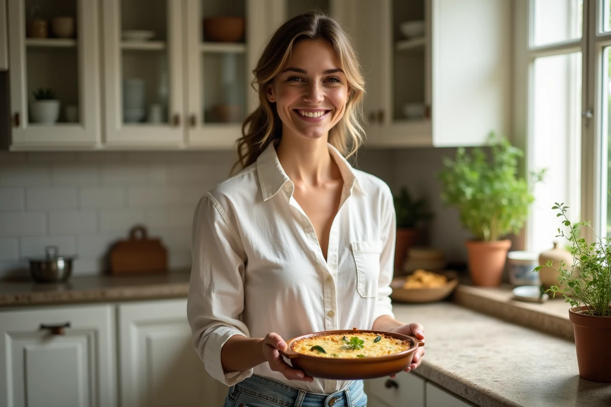 Femme souriante servant un gratin de zucchini dans une cuisine lumineuse