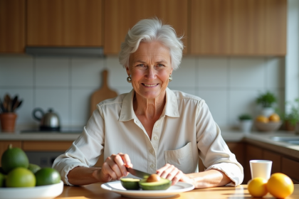 Femme d'âge moyen coupant un avocat au petit déjeuner