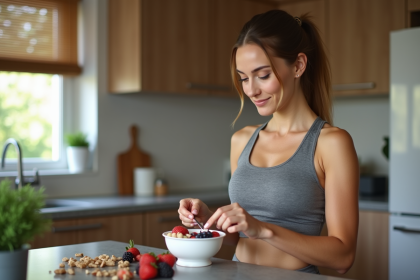 Femme sportive préparant un yaourt aux fruits dans une cuisine moderne