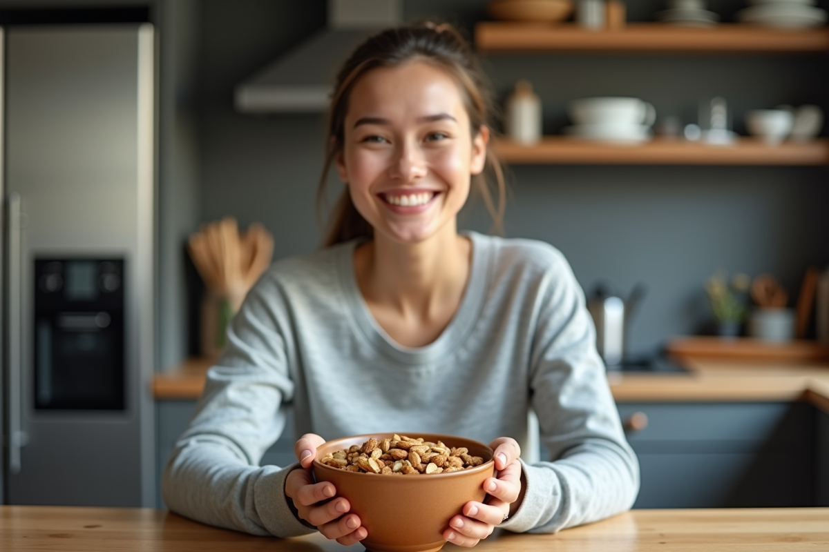 Jeune femme souriante tenant un bol de fruits secs riches en protéines