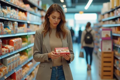 Femme dans un supermarché examine un gâteau léger