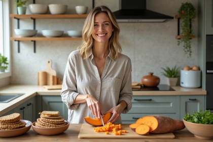 Femme souriante tranche une patate douce dans la cuisine