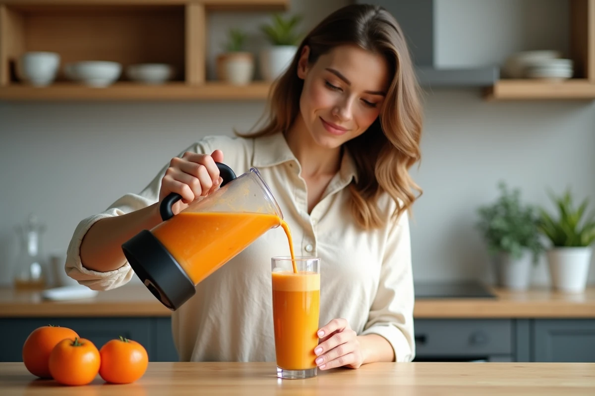 Femme versant un smoothie au kaki onctueux sans grumeaux dans un grand verre sur un comptoir en bois clair