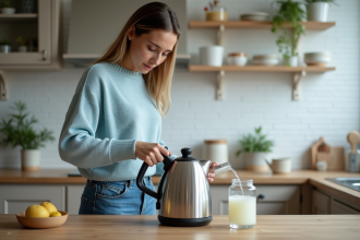 Femme versant du vinaigre dans une bouilloire électrique moderne