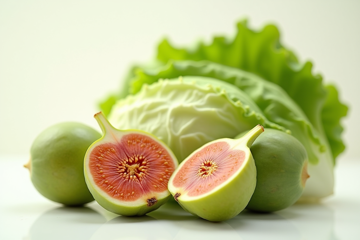 Figue indienne fraîche et laitue iceberg sur fond blanc