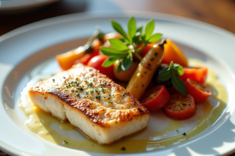 Filet de cod parfaitement saisi avec légumes rôtis