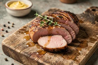 Filet mignon de porc express tranché sur une planche en bois avec thym frais et sauce dorée, vue de dessus