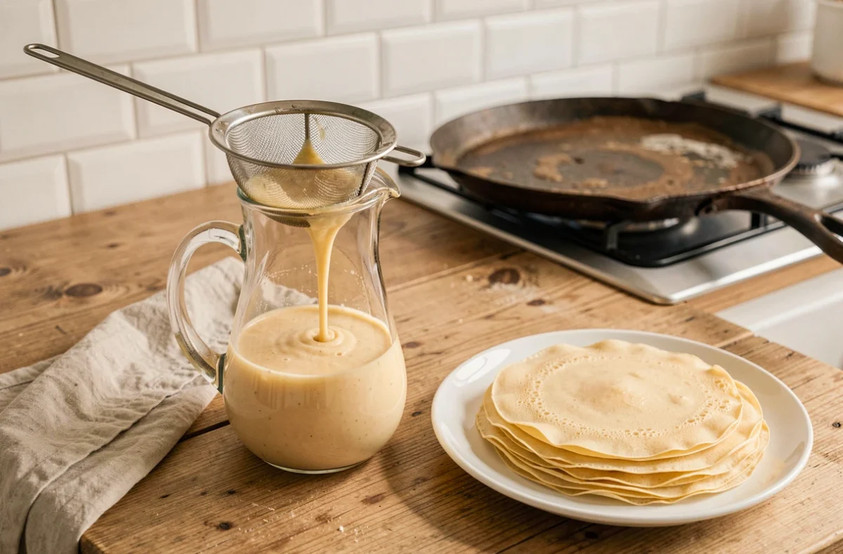 Filtrage de la pâte à crêpes à travers un tamis pour obtenir une texture lisse et sans grumeaux