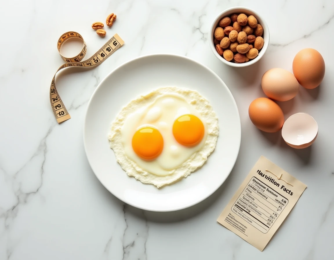 Composition à plat d'œufs au plat et accessoires nutritionnels sur marbre, illustrant la teneur en protéines des œufs