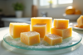 Différents blocs de fromage avec gelure et cristaux de glace sur la surface