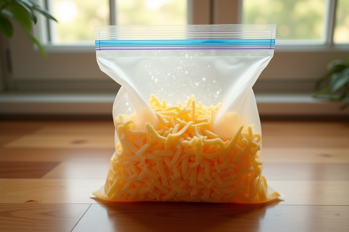Fromage râpé dans un sac congélation avec condensation visible