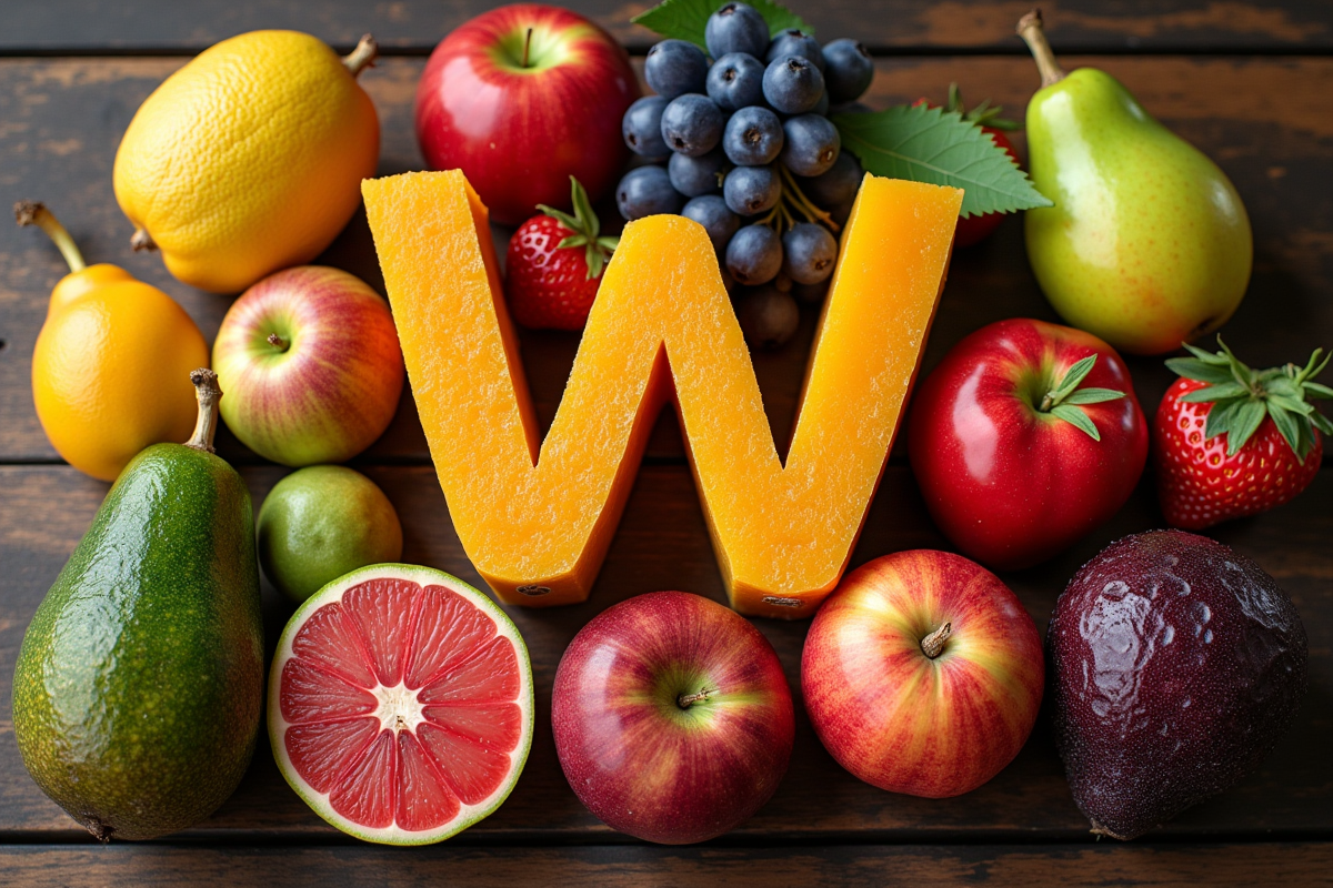 Sélection de fruits exotiques commençant par W sur une table en bois