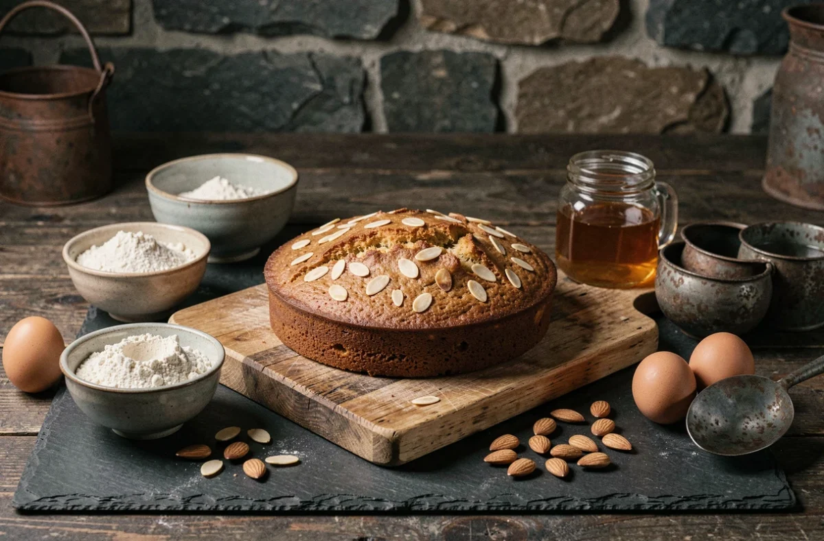 Gâteau aux amandes sans gluten sur planche en bois entouré d'ingrédients bruts comme la farine d'amandes et le miel