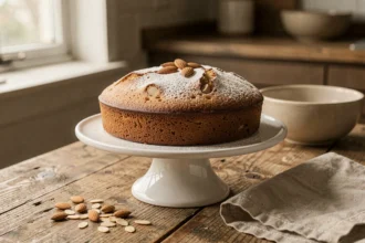 Gâteau aux amandes sans gluten posé sur un présentoir en céramique blanche saupoudré de sucre glace