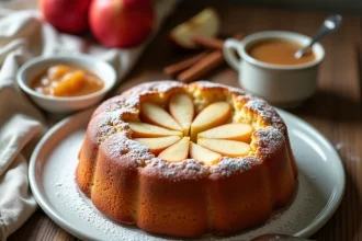 Gâteau moelleux à la compote de pomme express sorti du four, posé sur une assiette blanche avec du sucre glace et des bâtons de cannelle