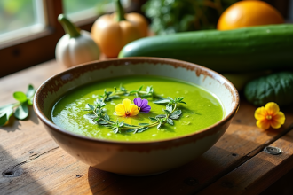 Bol de gazpacho de courgette vert garni d'herbes fraîches