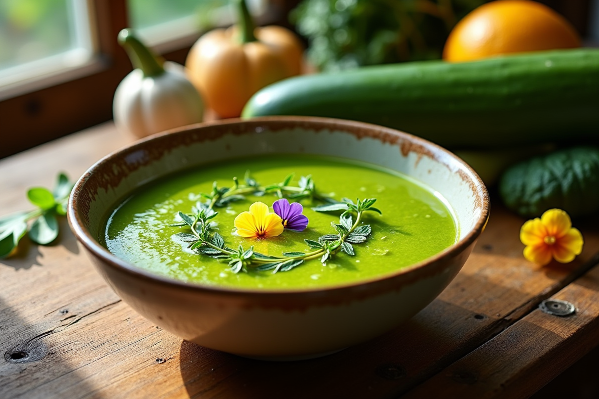 Bol de gazpacho de courgette vert garni d'herbes fraîches