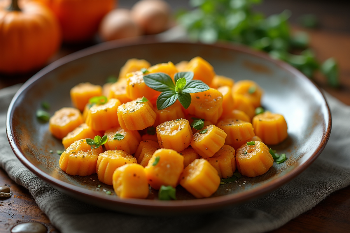 Gnocchis de citrouille fraîchement préparés sur une assiette en céramique