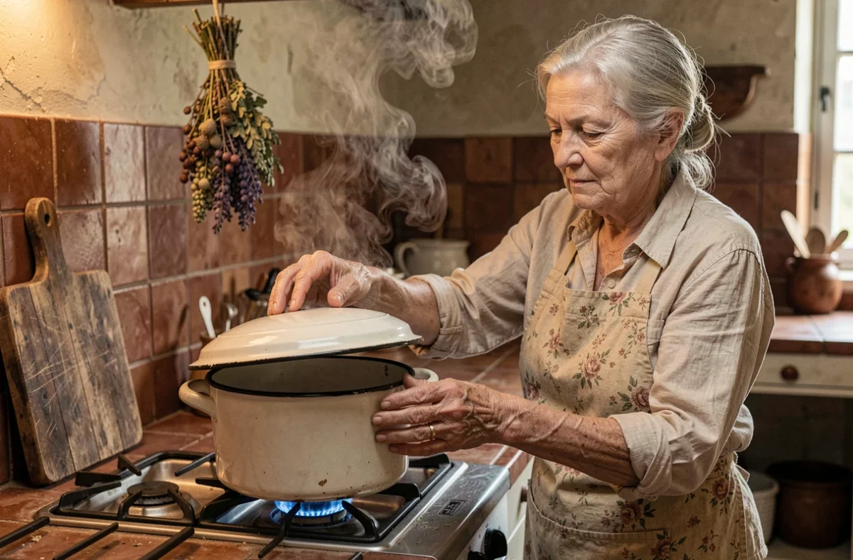 Grand-mère soulevant le couvercle d'une cocotte fumante sur une cuisinière ancienne dans une cuisine rustique