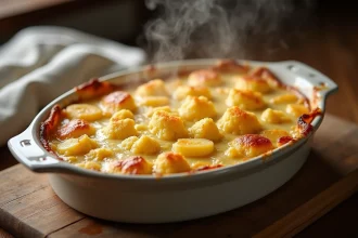 Gratin de chou-fleur et pommes de terre gratiné au fromage dans un plat en céramique rustique sur une table en bois