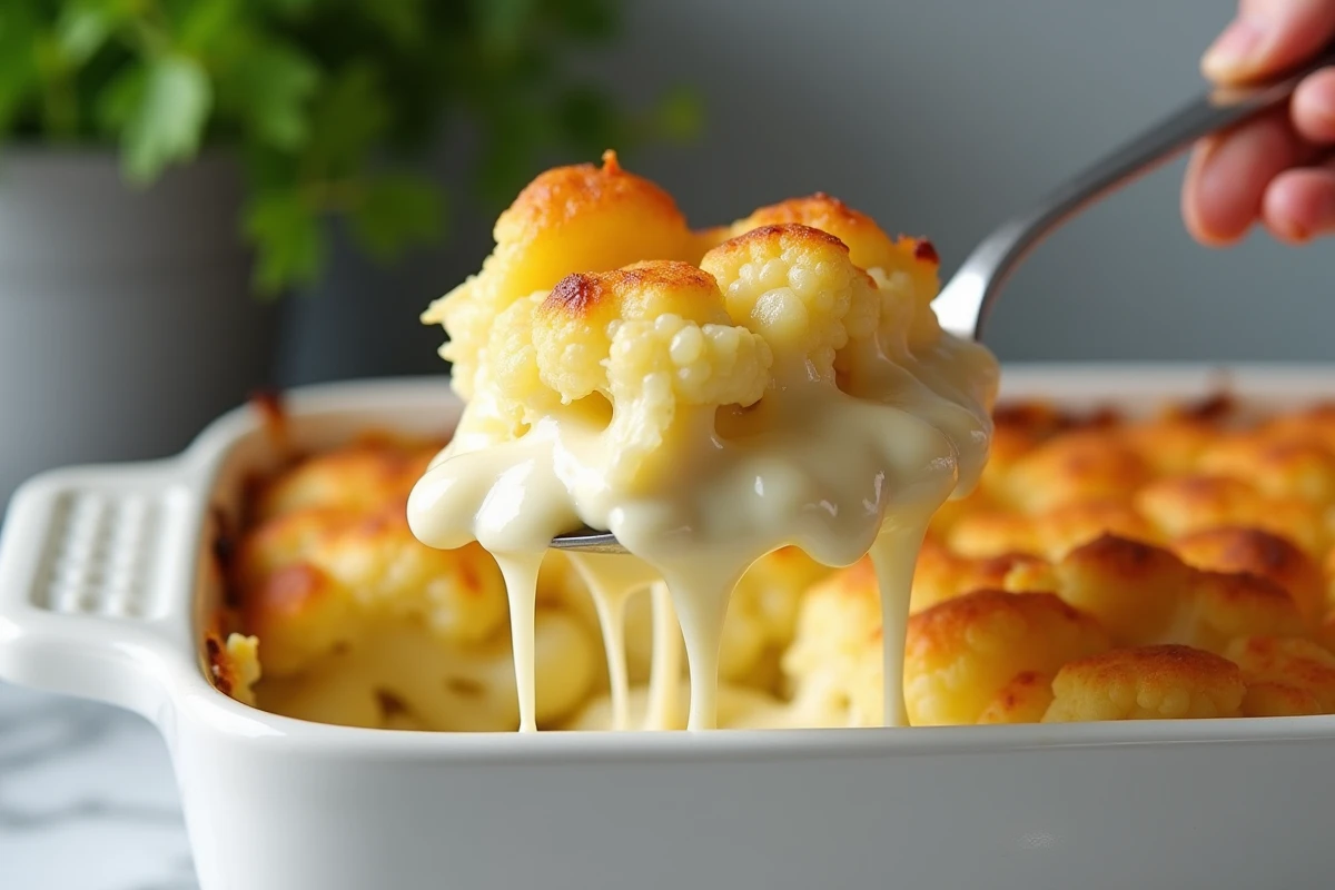 Cuillère de gratin crémeux de chou-fleur et pommes de terre révélant les couches de béchamel fondante