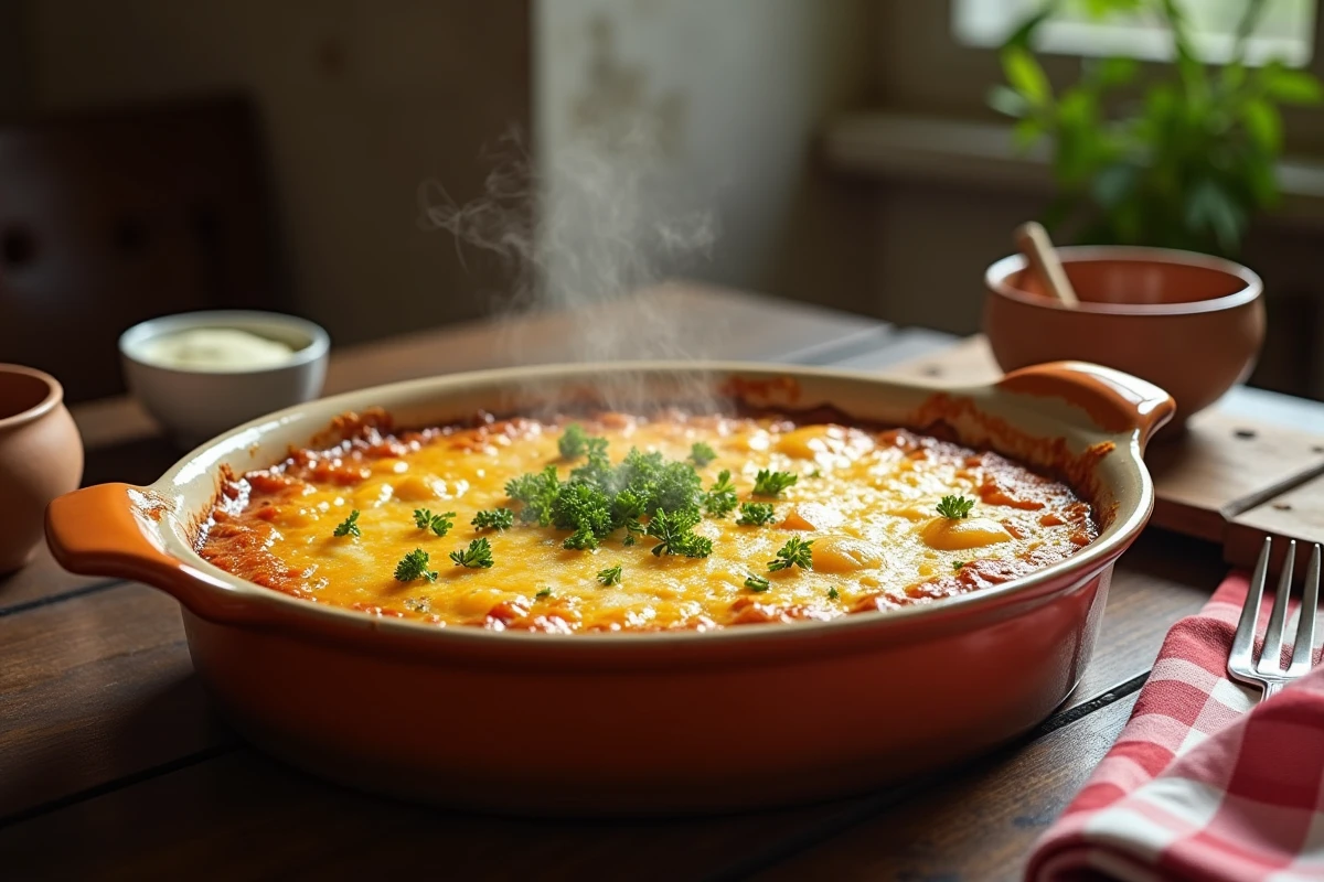 Gratin de courge longue de Nice doré au fromage servi dans un plat en céramique sur une table dressée à la française