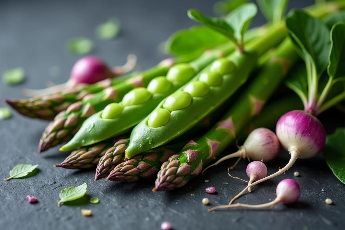 Gros plan de légumes de saison d'avril sur ardoise : petits pois en cosse, asperges vertes, navets nouveaux et ail des ours avec gouttes d'eau