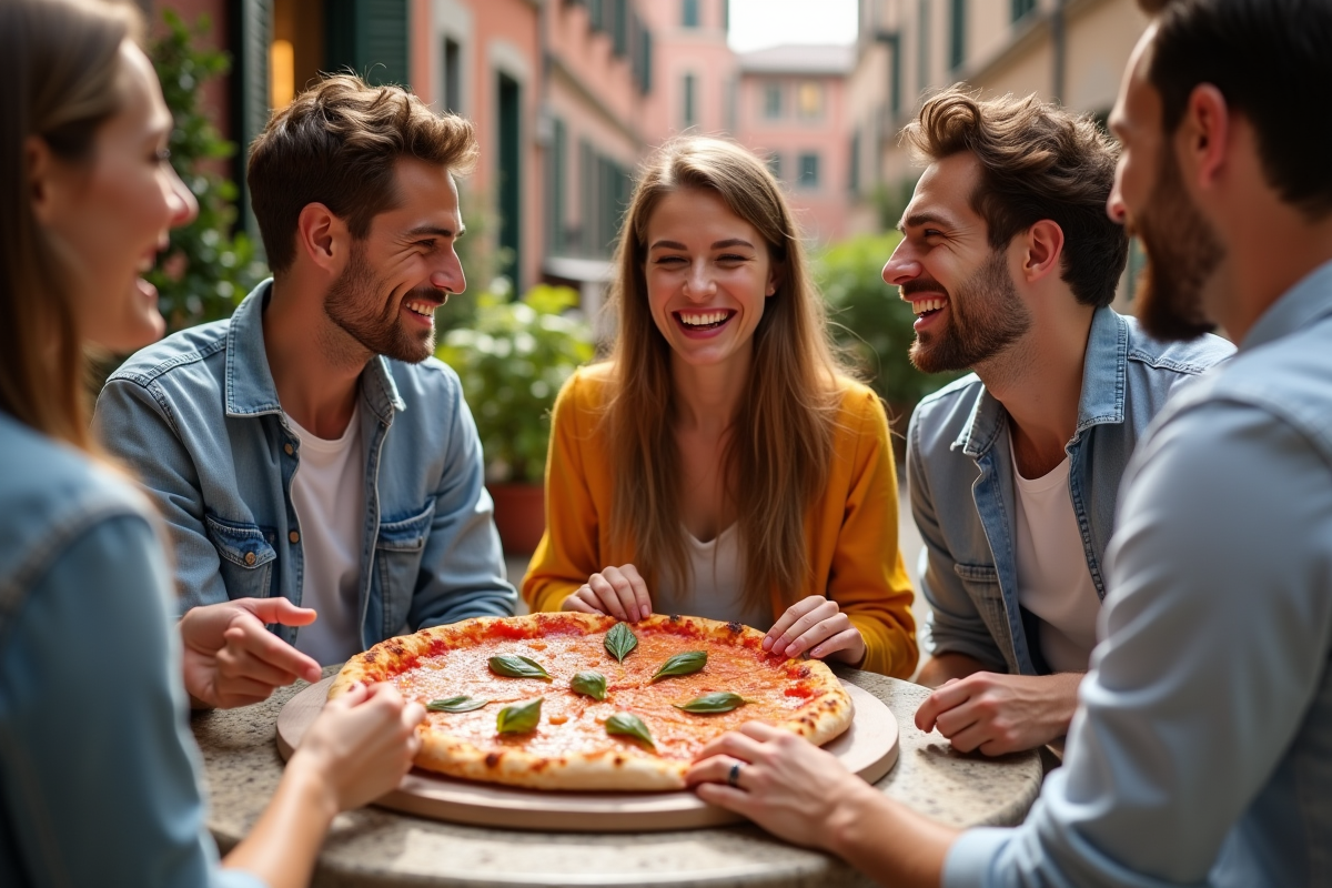 Jeunes adultes partageant une pizza Margherita en terrasse en Italie