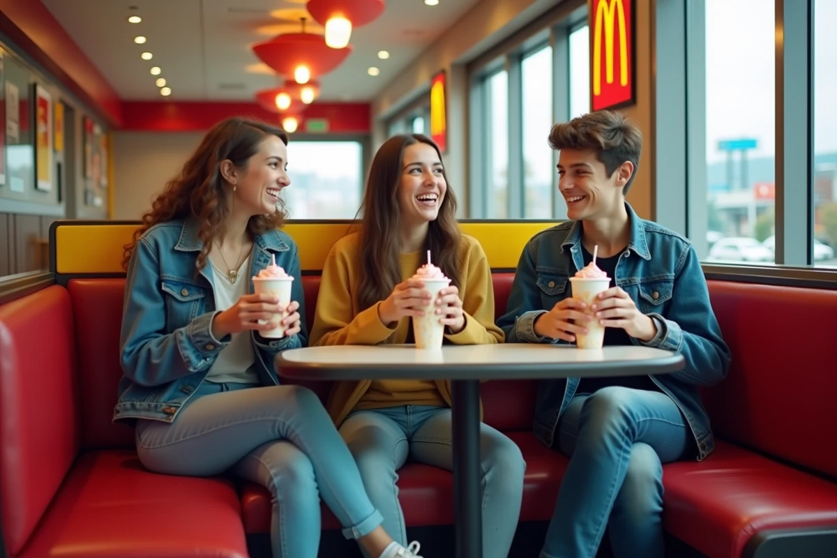 Groupe d'étudiants partageant des McFlurry dans un restaurant McDonald's, illustration des réductions et prix 2026