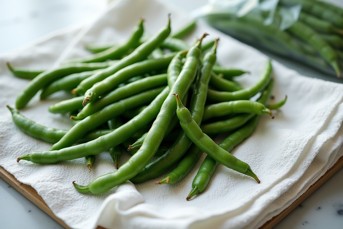 Haricots verts blanchis séchant sur un torchon blanc prêt à être congelés