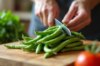Haricots verts frais being prepares sur un plan de travail en bois
