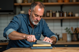 Homme en chemise en denim affutant un couteau de cuisine
