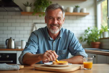 Homme australien souriant mangeant du Vegemite au petit déjeuner