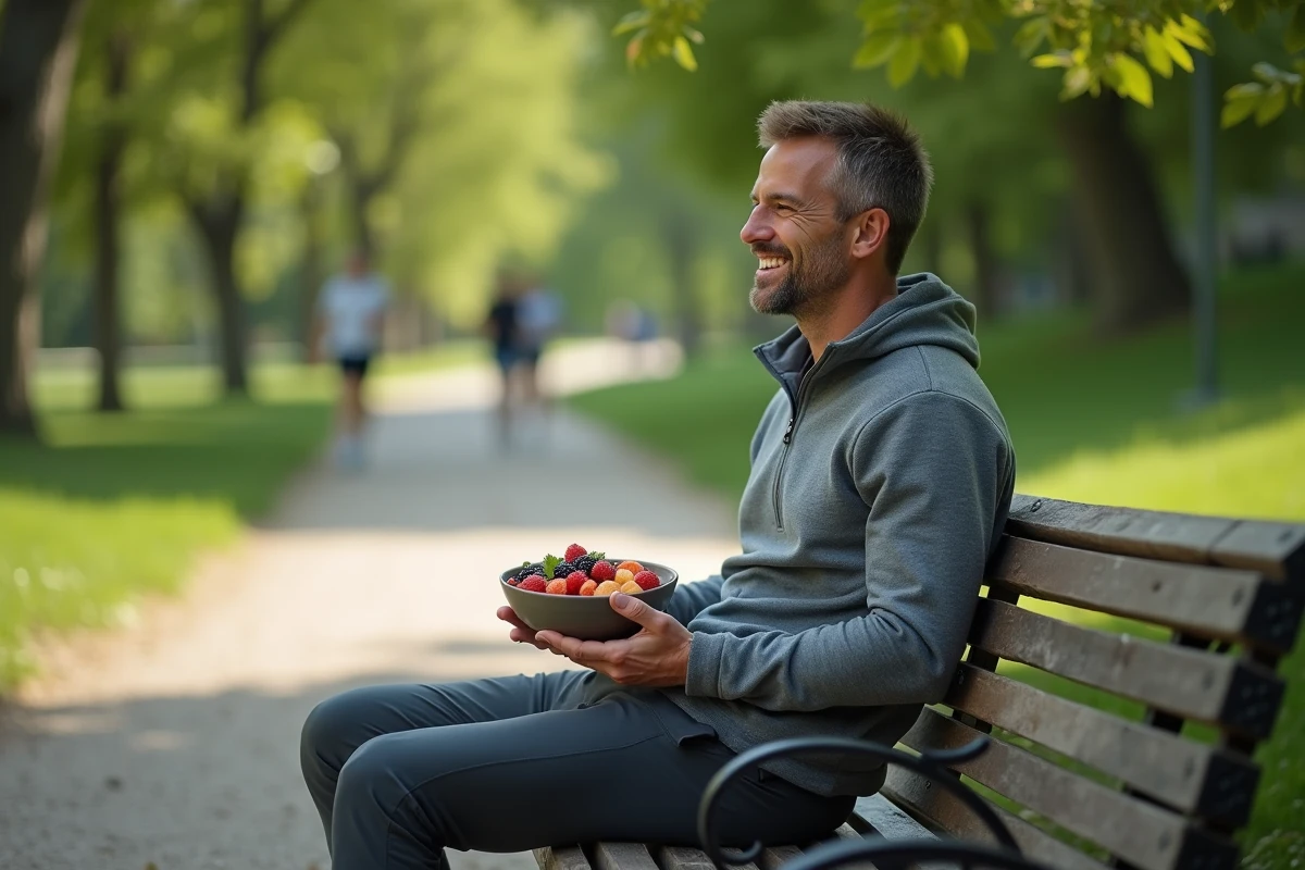 Homme en plein air dégustant des fruits dans un parc vert