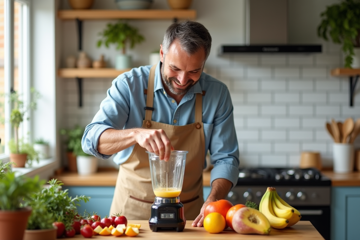 Homme mélangeant un smoothie dans une cuisine lumineuse
