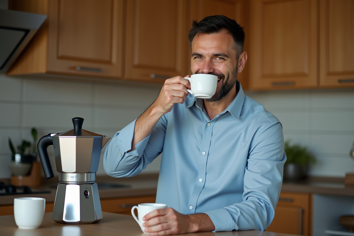 Homme d'âge moyen savourant un café dans sa cuisine chaleureuse