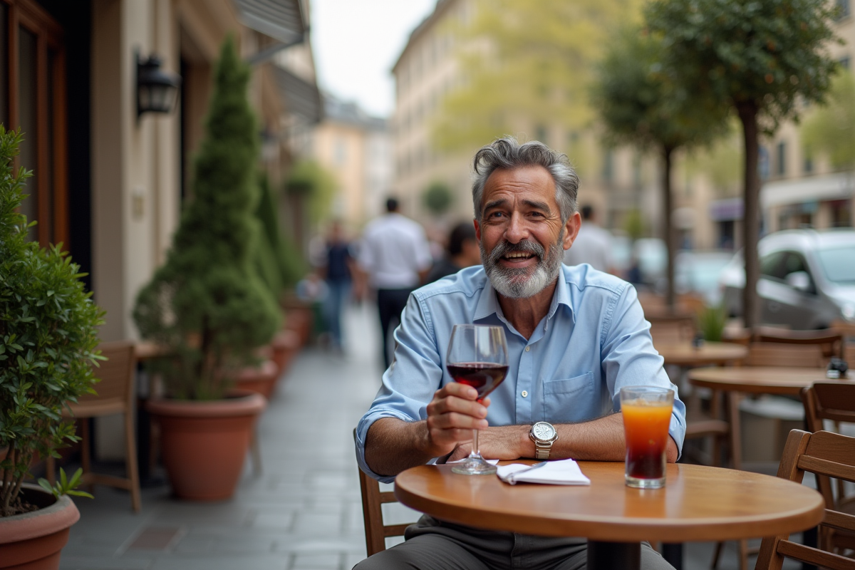 Homme détendu avec vin et cocktail en terrasse de café
