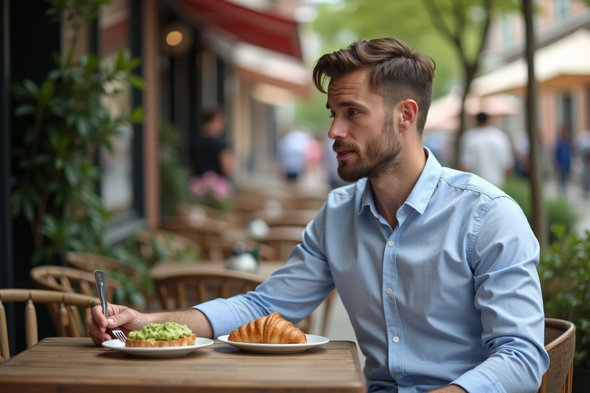 Homme en chemise dégustant un petit déjeuner en extérieur