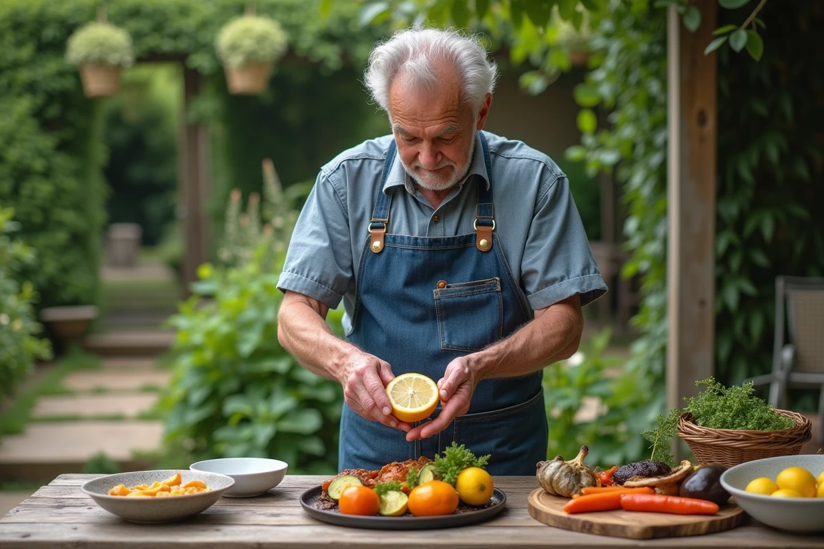 Homme âgé pressant un citron sur des légumes grillés en extérieur