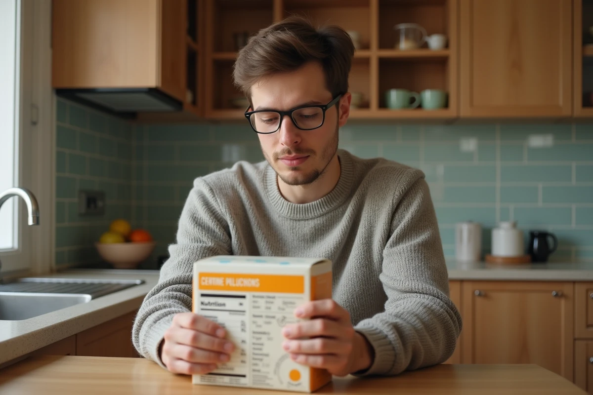 Jeune homme lit l étiquette d un gâteau léger à la maison