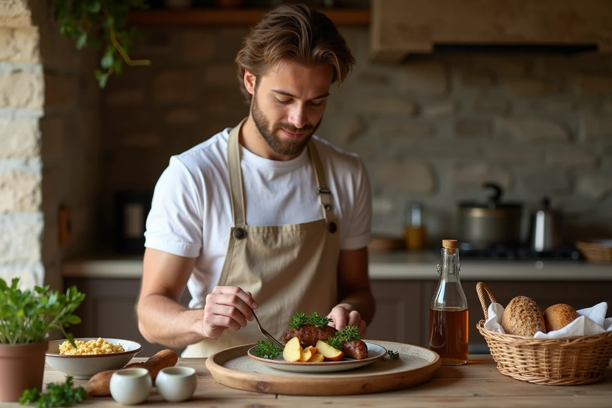 Jeune homme arrangeant le boudin noir avec des pommes sautées
