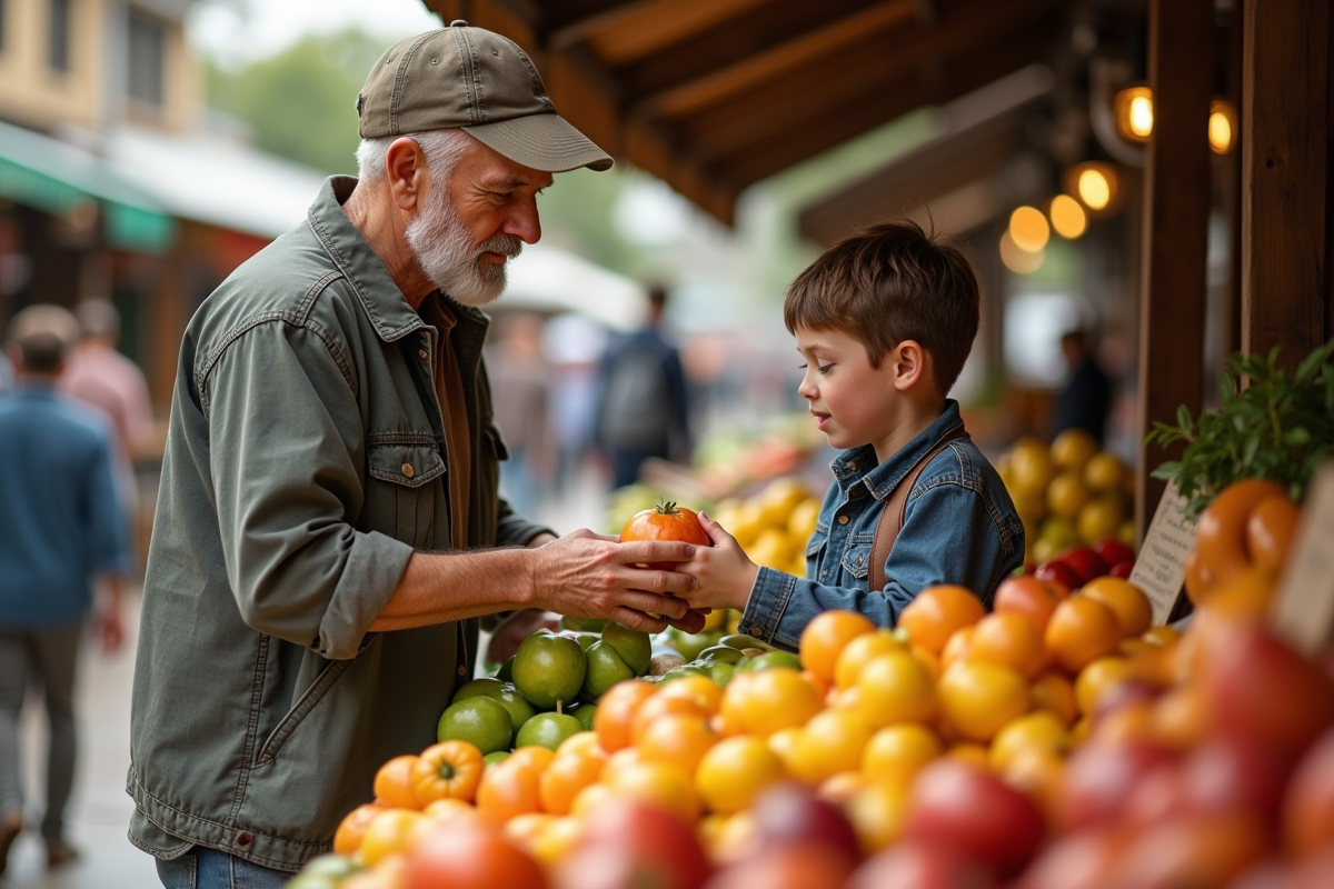 Homme et jeune garçon choisissant des fruits au marché