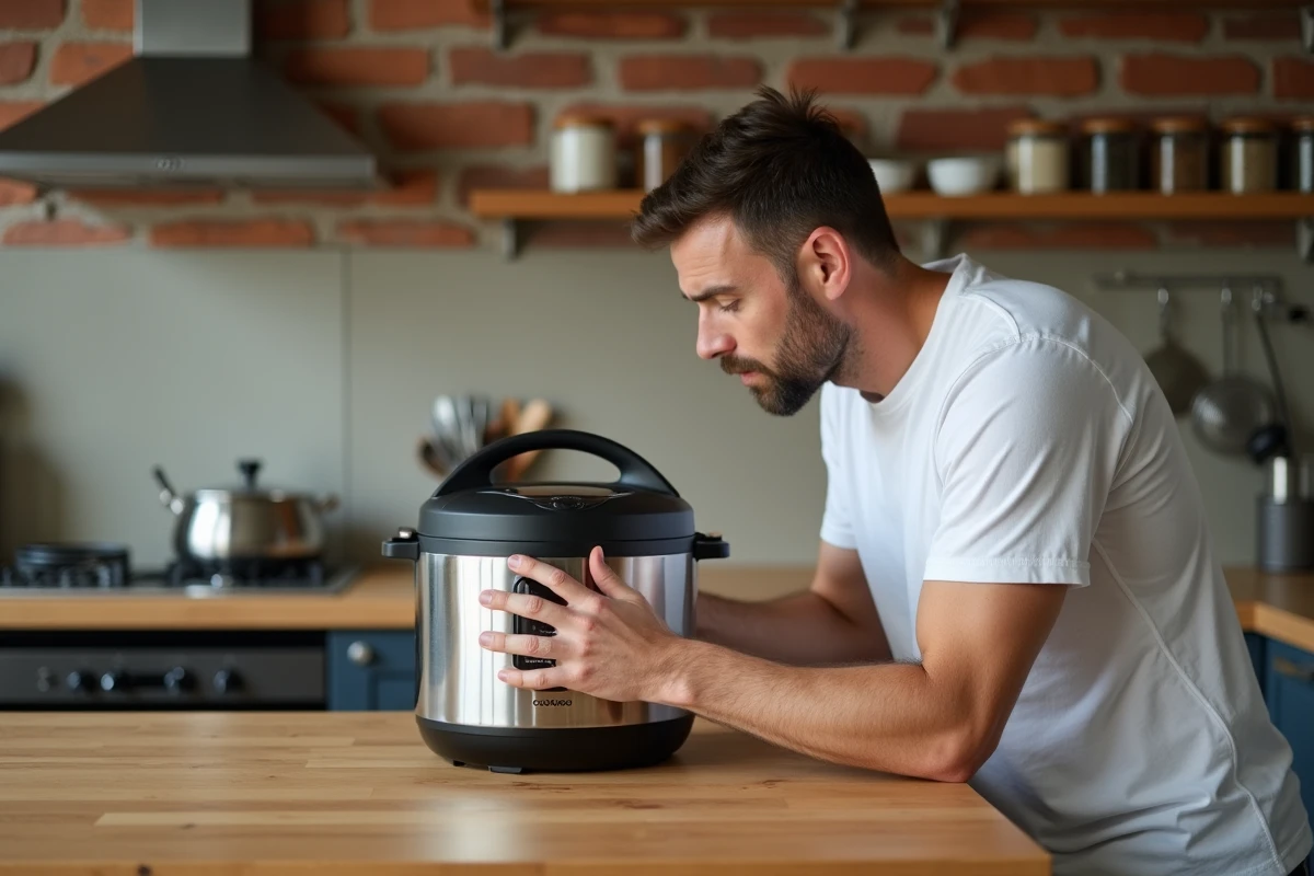 Homme inspectant la valve et le panneau arrière d'un Cookeo pour diagnostiquer une erreur récurrente